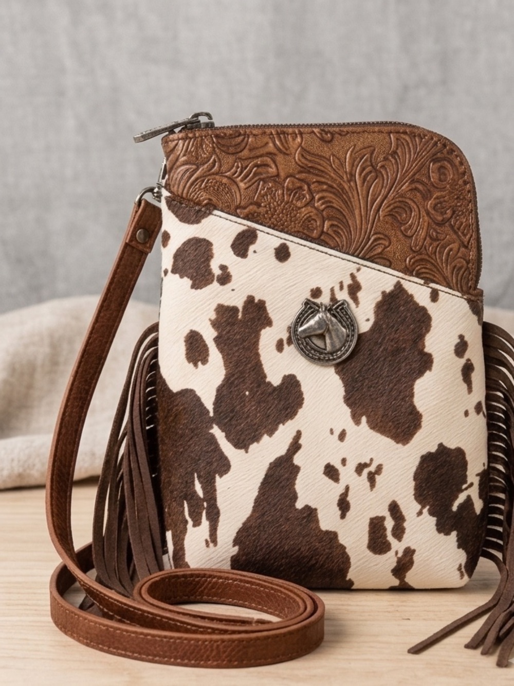 Cowhide Fringe Crossbody Bag in Brown and White - Picture 1 of 1